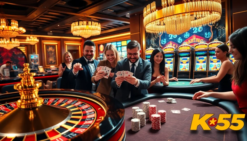 Experience the excitement at nhà cái KK55 with vibrant casino tables and enthusiastic gamblers.