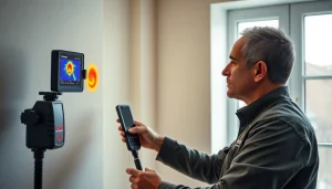 Central heating leak detection technician using thermal imaging technology for precision.