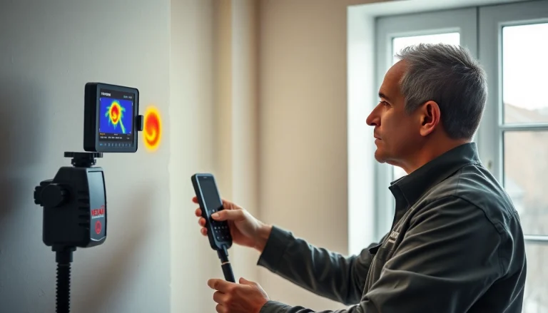 Central heating leak detection technician using thermal imaging technology for precision.