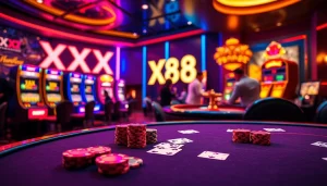 Experience the thrill of high-stakes gambling at the XX 88 casino table with cards and chips.