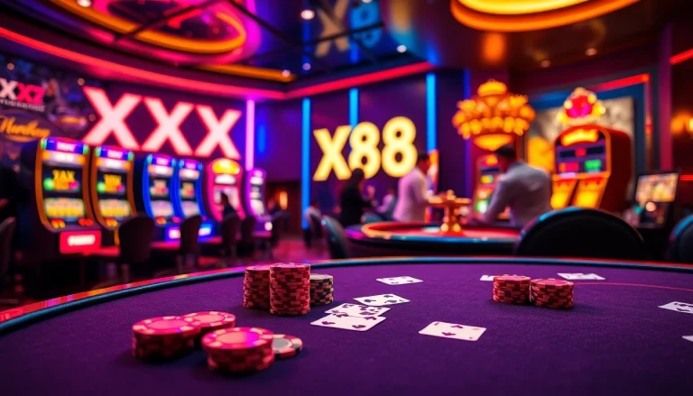 Experience the thrill of high-stakes gambling at the XX 88 casino table with cards and chips.