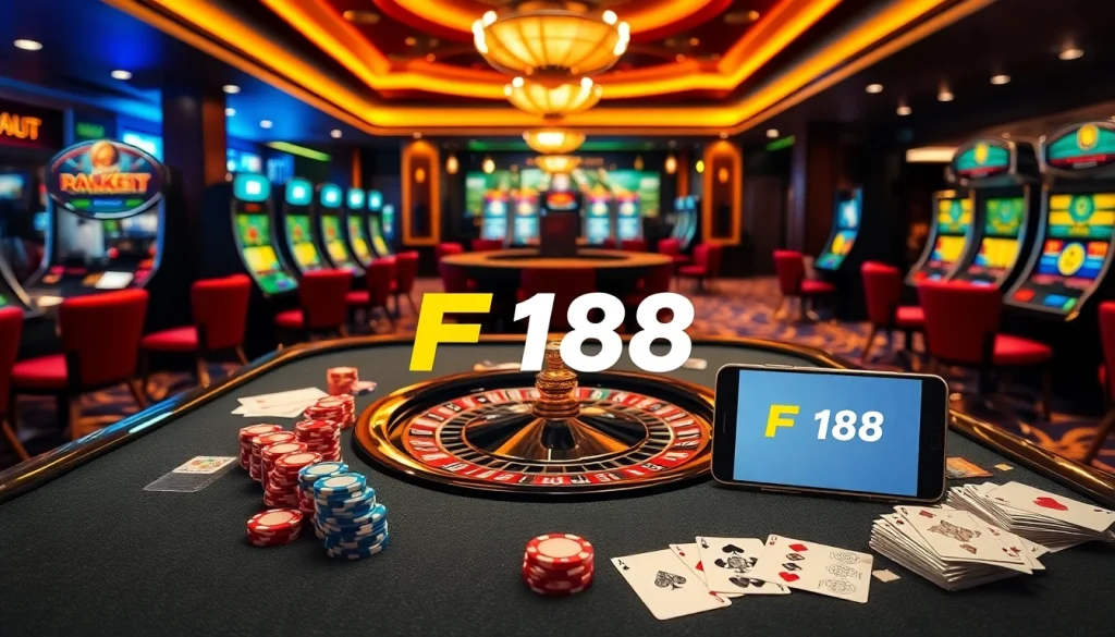 Experience the thrill of F 168 in a luxurious casino setting with glowing slot machines and elegant gaming tables.