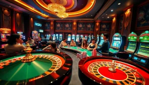 Experience the thrill of gaming at trang chu luckywin, showcasing luxurious casino elements like poker tables and roulette wheels.