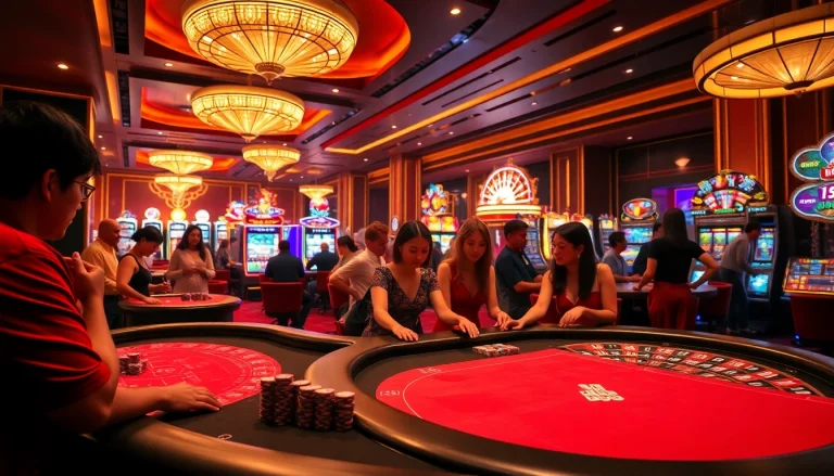 KJC XX88 casino scene with energetic players at extravagant gaming tables.