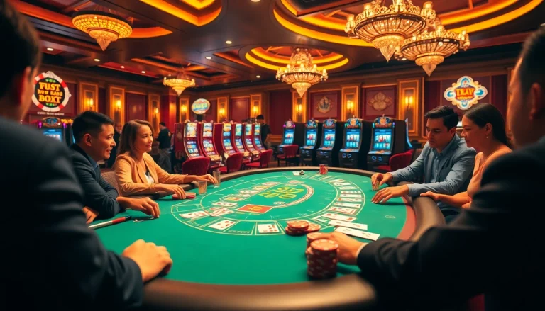 Tập đoàn truyền thông TPJ showcases an exciting casino atmosphere with poker action and vibrant gaming elements.