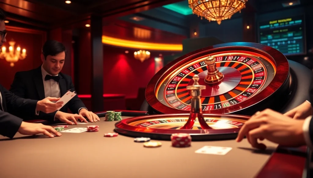 Engaging casino scene showcasing players at https://hit-club.games/ with lively roulette action and vibrant poker chips.