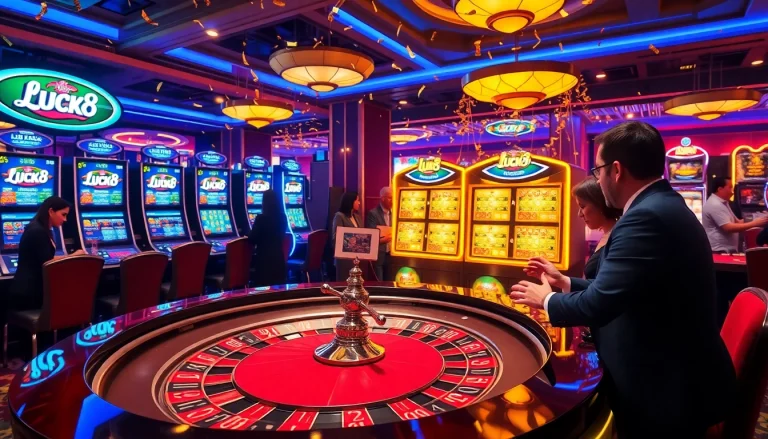 Chơi cược với LUCK8 và LUCKY8 tại một casino sang trọng, nổi bật bàn roulette sinh động và các máy đánh xèng.