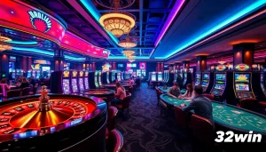 Players enjoying a thrilling game night at 32win casino with vibrant slot machines and roulette tables.