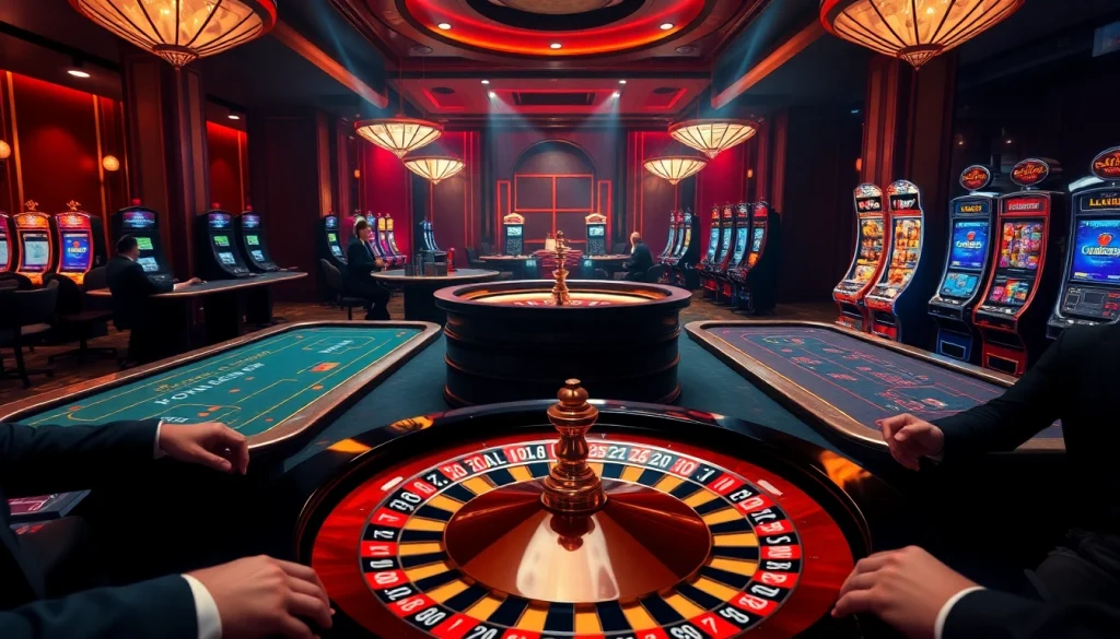 Cảnh casino LUCK8 với máy đánh bạc sống động và bánh xe roulette trong một không gian sang trọng.