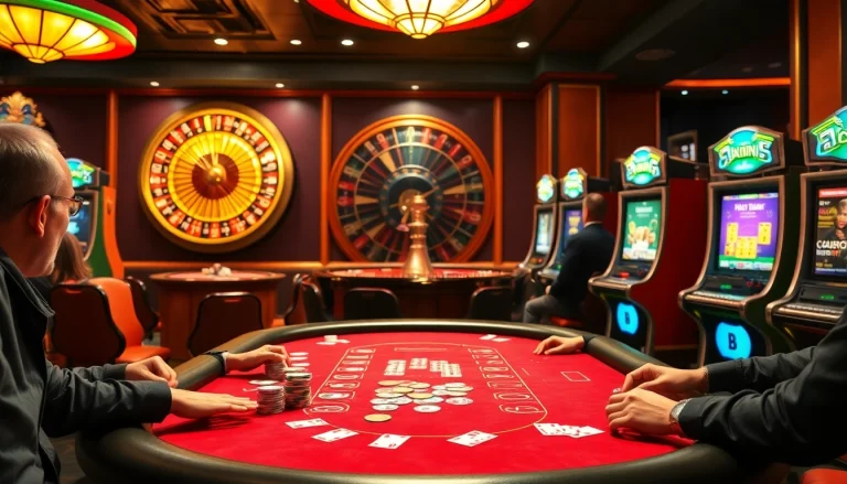 Engage with thrilling gameplay at luck8 com, showcasing vibrant poker chips and neon roulette wheels.