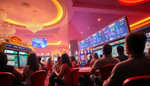 Dynamic scene of players enjoying diverse online games at Trang Chủ OKFUN casino, highlighting excitement and luxury.