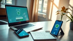 在现代工作空间的笔记本电脑上显示的快连VPN界面，象征隐私与连接。