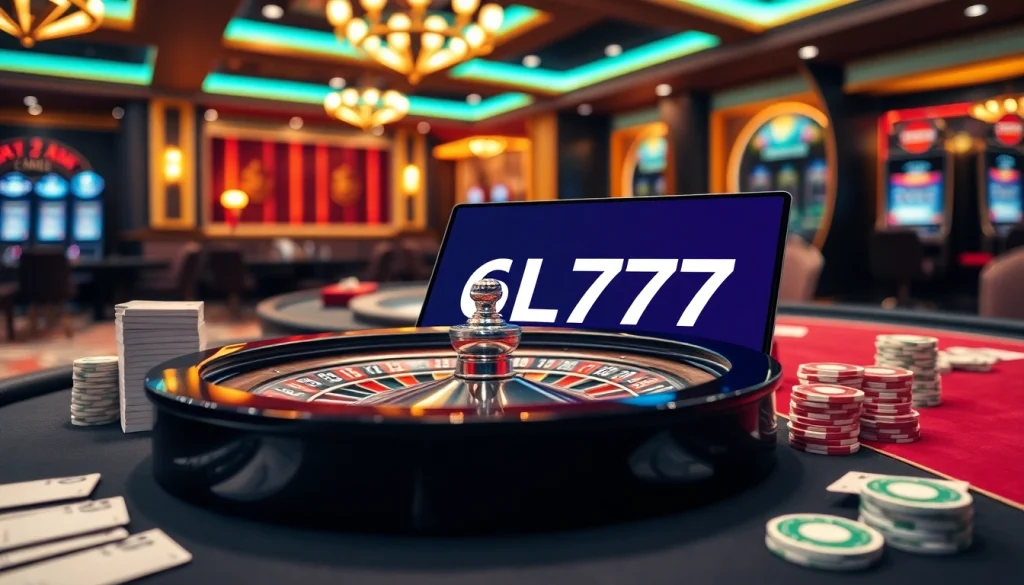 Engaging scene of 6L777-themed poker chips and roulette wheel in a luxurious casino setting.