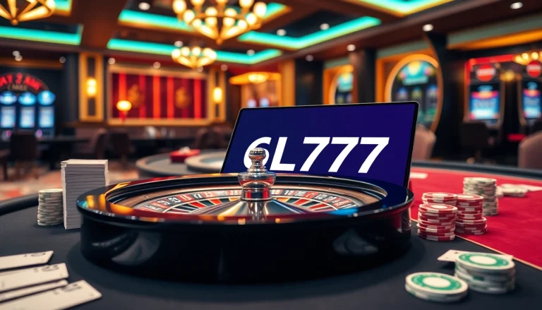 Engaging scene of 6L777-themed poker chips and roulette wheel in a luxurious casino setting.