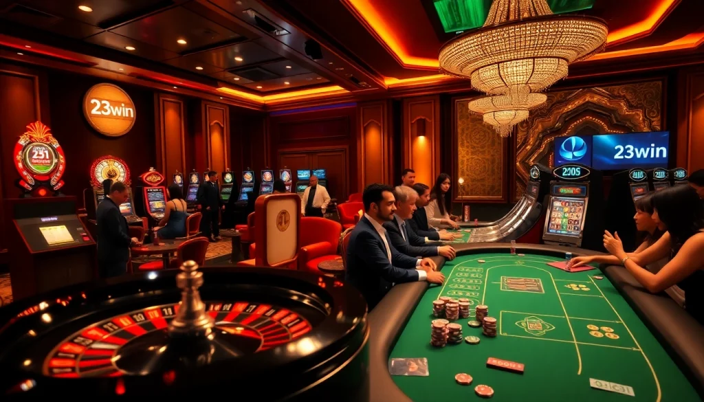 Experience thrilling casino action with 23win's vibrant gaming setting featuring roulette, poker, and slot machines.