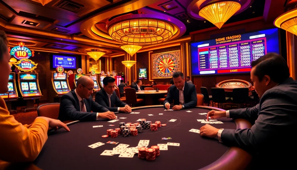 Experience the excitement of poker and slots at xin88hv.club in a vibrant, upscale casino scene.