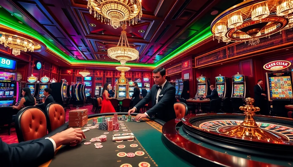 Engaged players at a luxurious casino table showcasing TK88 poker excitement with vibrant chips and cards.