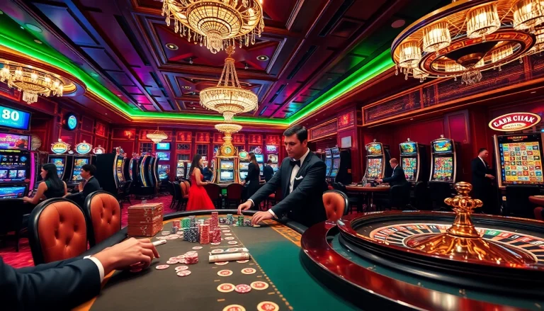 Engaged players at a luxurious casino table showcasing TK88 poker excitement with vibrant chips and cards.