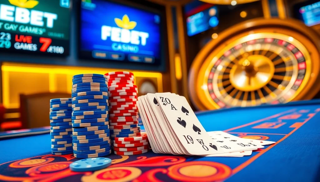 Experience thrilling online gaming at Febet's elegant casino table, featuring poker chips and a spinning roulette.