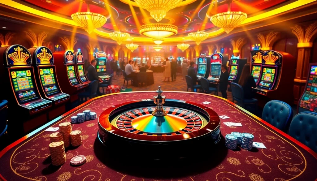 Experience the thrill of gambling at https://u888hv.com/ with a luxurious casino scene featuring poker chips and slot machines.