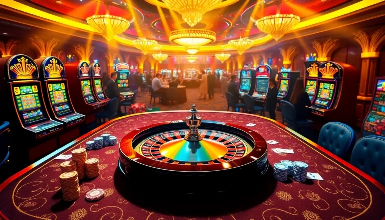 Experience the thrill of gambling at https://u888hv.com/ with a luxurious casino scene featuring poker chips and slot machines.
