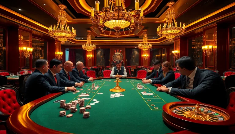 Engaging poker players at the lavish 7C77 casino table with vibrant betting chips.