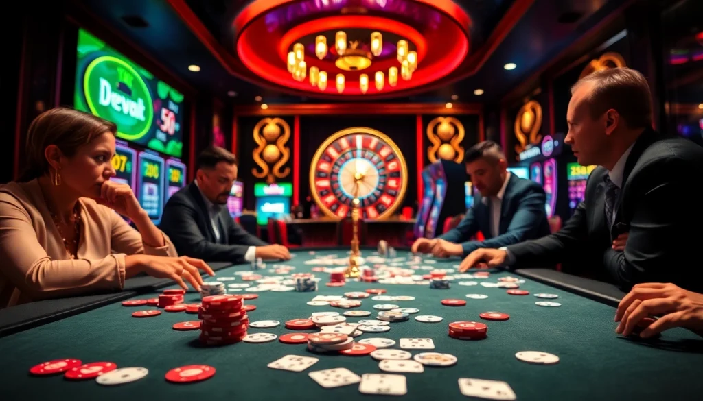 Engaged players enjoying high-stakes gaming at Win55 casino tables adorned with colorful chips.