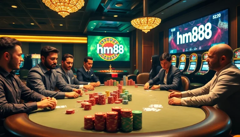 Engage in a thrilling game of poker with hm88 chips in this vibrant casino scene.