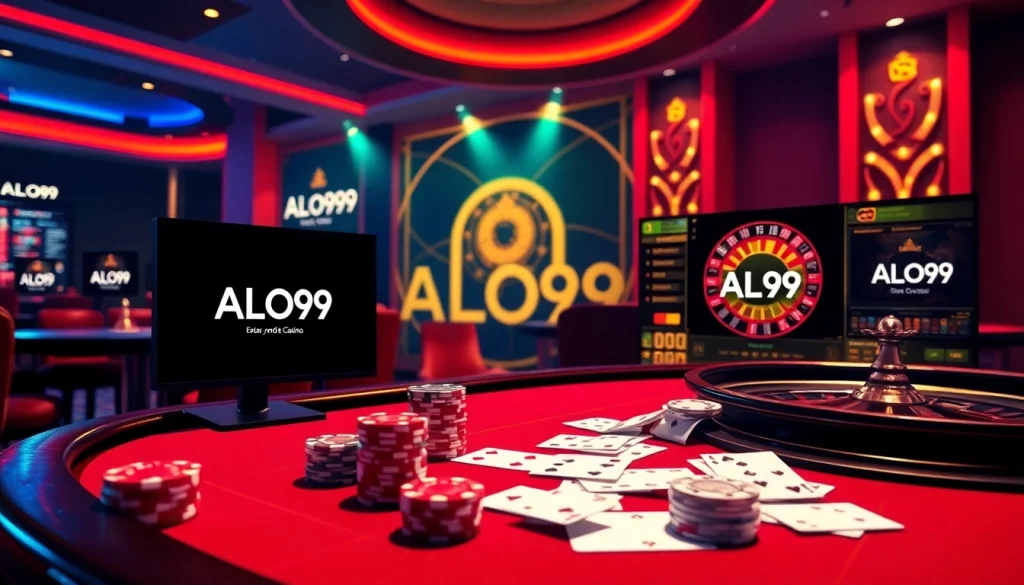 A thrilling online gambling scene featuring ALO 789 with vibrant gaming elements and luxurious atmosphere.