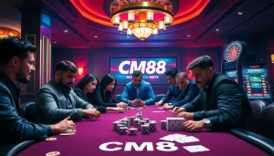 Experience the excitement of CM88 at a high-stakes casino poker table with vibrant decorations.