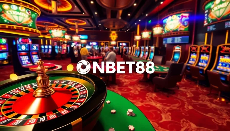 Experience thrilling gaming action at ONBET88 with exciting casino tables and vibrant slot machines.