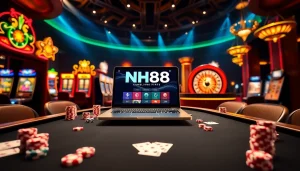 Engaging NH88 gaming table scene with colorful casino elements and a sleek online interface.