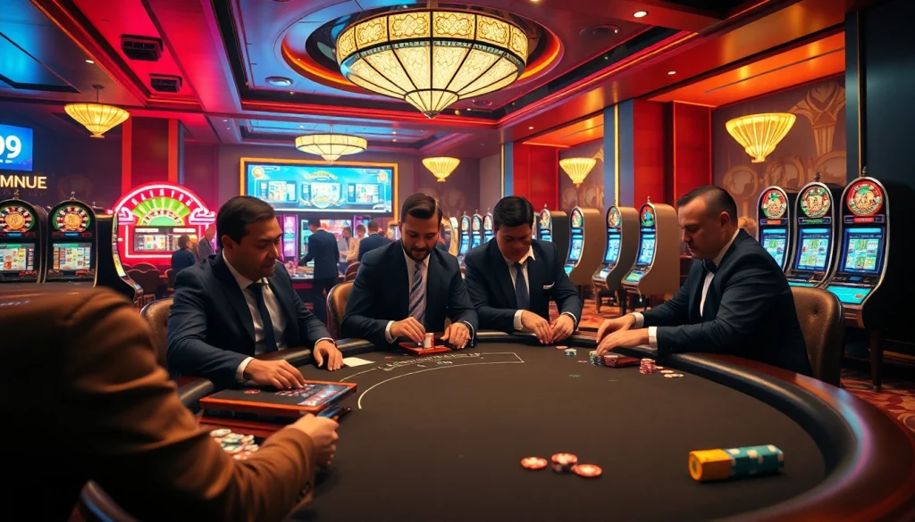 Betting at MM99's poker table with high stakes and vibrant casino atmosphere