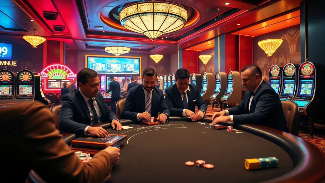 Betting at MM99's poker table with high stakes and vibrant casino atmosphere