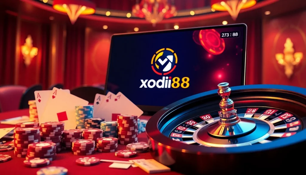 Engaging scene of gamblers enjoying xocdia88 with chips, cards, and a roulette wheel.