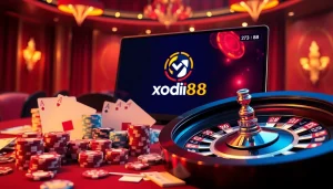 Engaging scene of gamblers enjoying xocdia88 with chips, cards, and a roulette wheel.