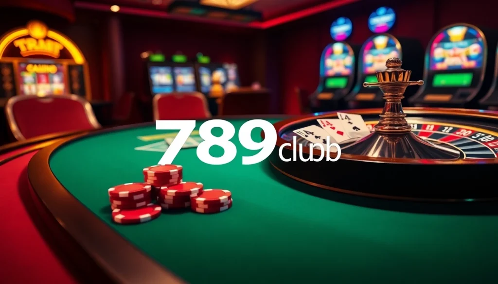 Engage in thrilling games at 789 club with vibrant poker chips and roulette wheel.