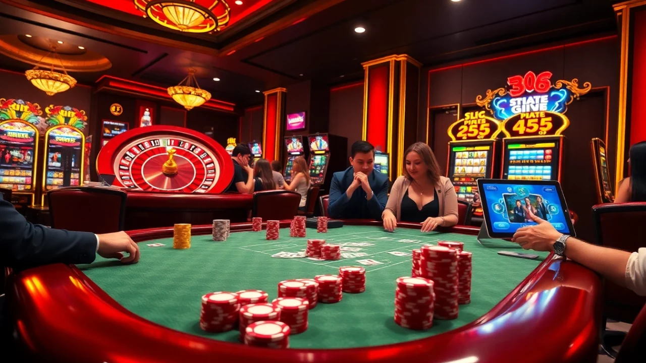 Exciting gameplay at Max88 casino, showcasing vibrant poker chips, cards, and roulette.