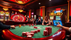 Exciting gameplay at Max88 casino, showcasing vibrant poker chips, cards, and roulette.