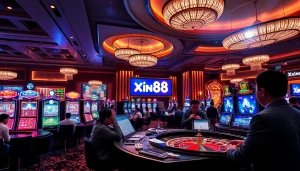 Experience the thrill of win at xin88, with dynamic tables and glowing poker chips in a luxurious casino setting.