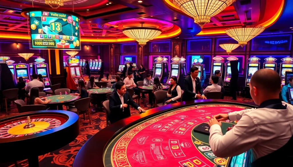 Players enjoying high-stakes games at 13win casino, with vibrant energy and luxury decor.