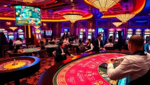 Players enjoying high-stakes games at 13win casino, with vibrant energy and luxury decor.