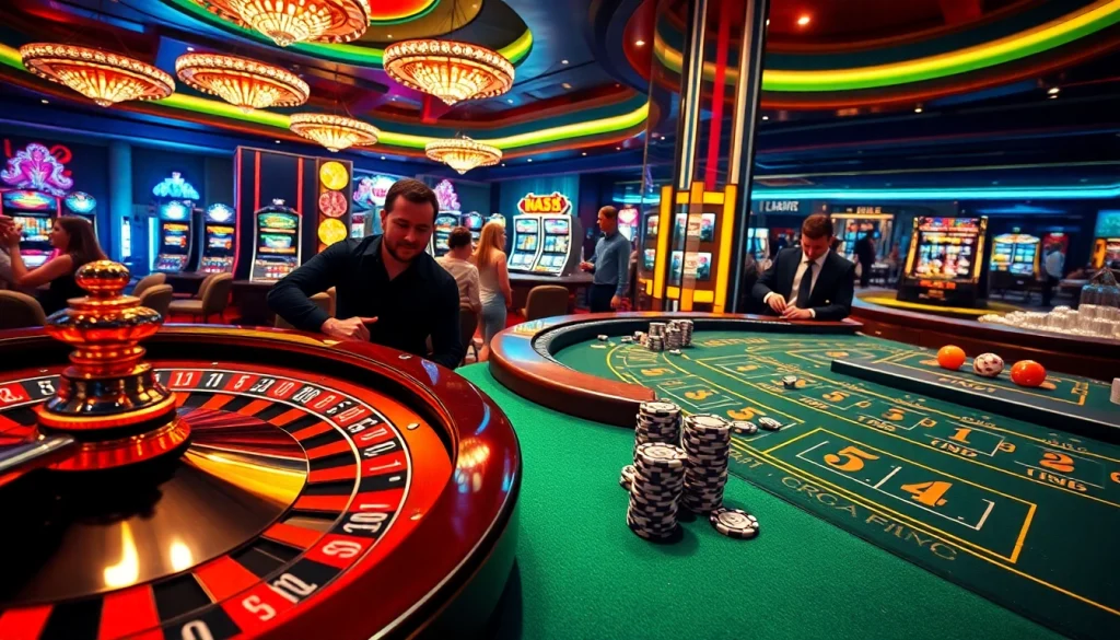 Players experiencing high-stakes excitement at a casino table showcasing 5MB chips amidst bright, vibrant lights.