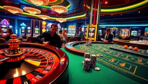 Players experiencing high-stakes excitement at a casino table showcasing 5MB chips amidst bright, vibrant lights.