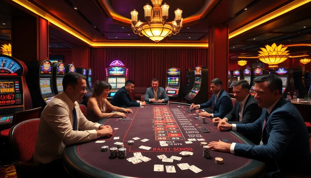 Excited players at 8day casino engaging in high-stakes poker and roulette games.