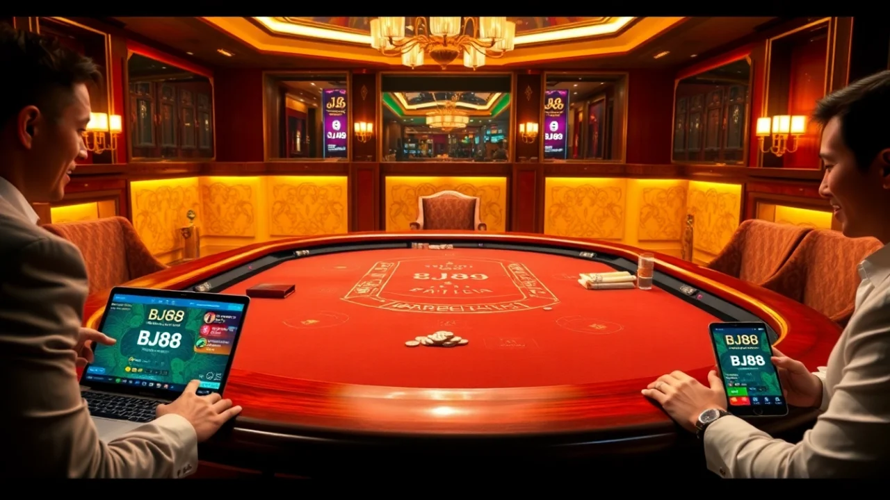 Players enjoying a thrilling BJ88 blackjack game at a luxurious casino table under warm lights.