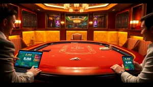 Players enjoying a thrilling BJ88 blackjack game at a luxurious casino table under warm lights.