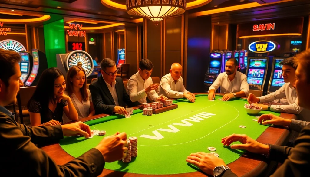 VVVWin players enjoying an exciting poker game at a luxury casino table.
