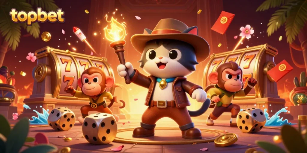 Experience the thrilling moments at topbet as the explorer cat unveils casino treasures in 3D.