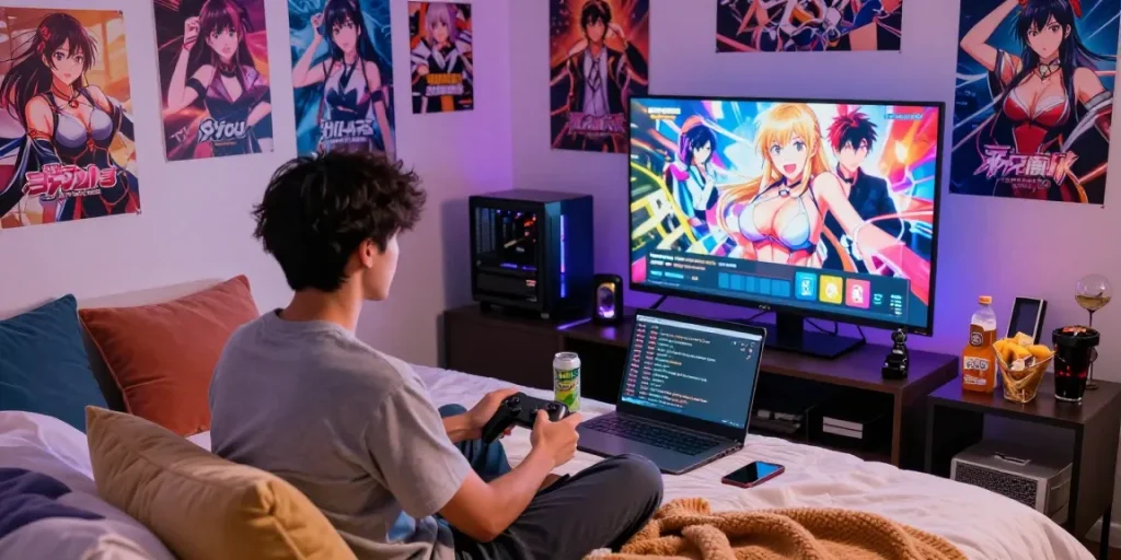 Engaging scene of a player enjoying a hentai game in a cozy bedroom setting.